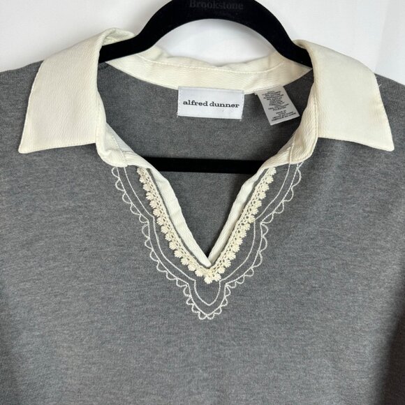 Alfred Dunner SzL Grey Long Sleeve Lace Trim Top Grandmacore Granny Chic Twee - Picture 3 of 8